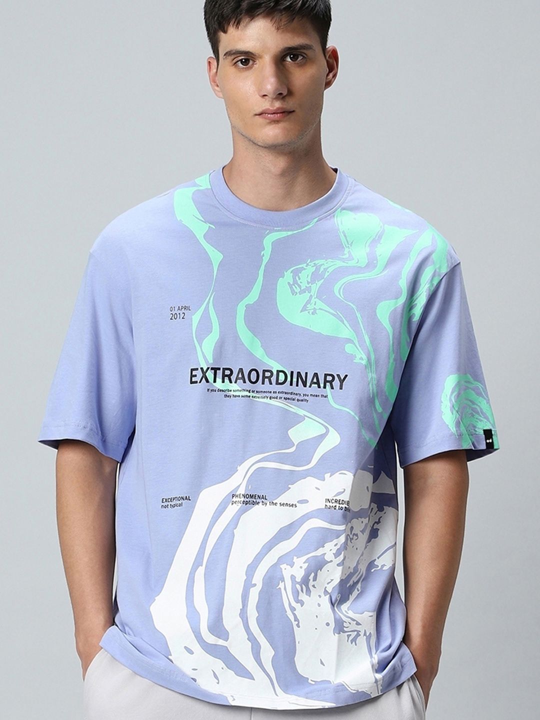 Bewakoof Lavender Abstract Printed Drop-Shoulder Sleeves Oversized Cotton T-shirt