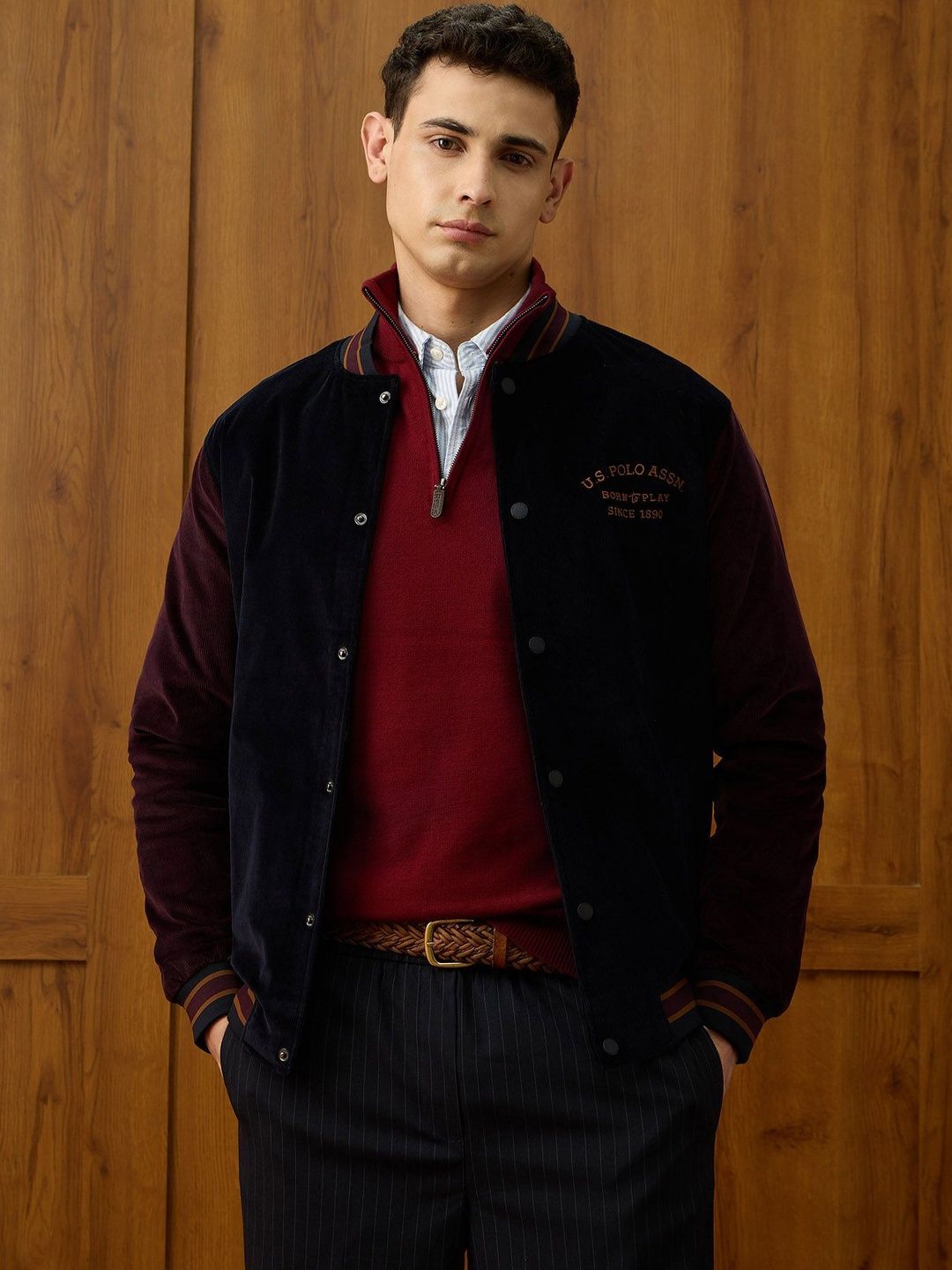 U.S. Polo Assn. Men Brand Logo Colourblocked Varsity Jacket