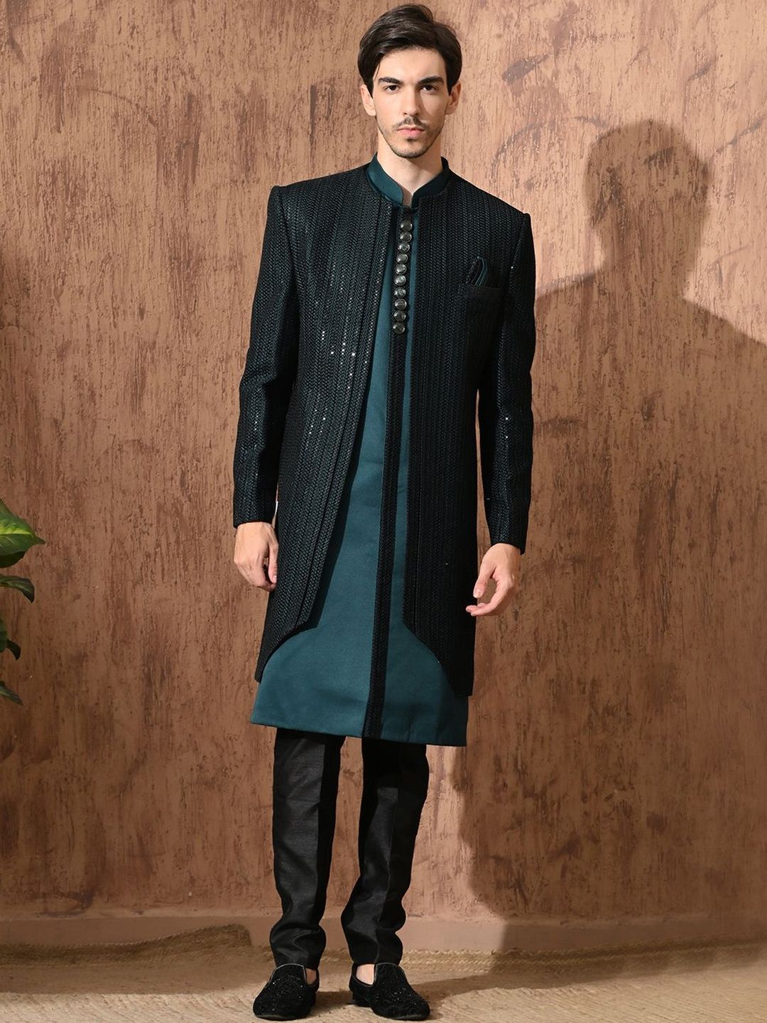 Aesthelia Embroidered Mandarin Collar Pure Silk Sherwani