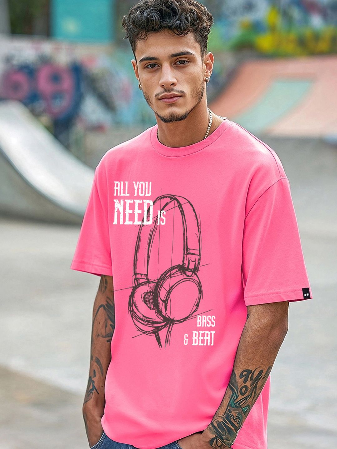 Bewakoof Men Fandango Pink Bass & Beat Graphic Printed Oversized T-shirt