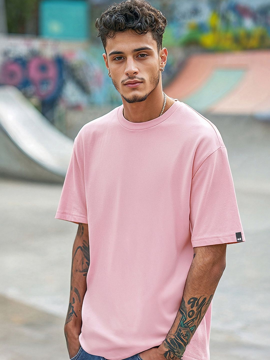 Bewakoof Pink Round Neck Short Sleeves Pure Cotton Oversized T-shirt