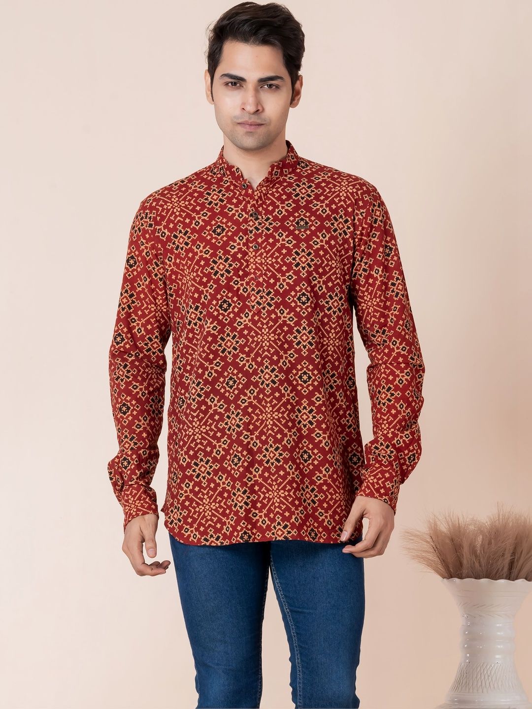 DEVOILER Kalamkari Ethnic Motifs Cotton Straight Above Knee Kurta