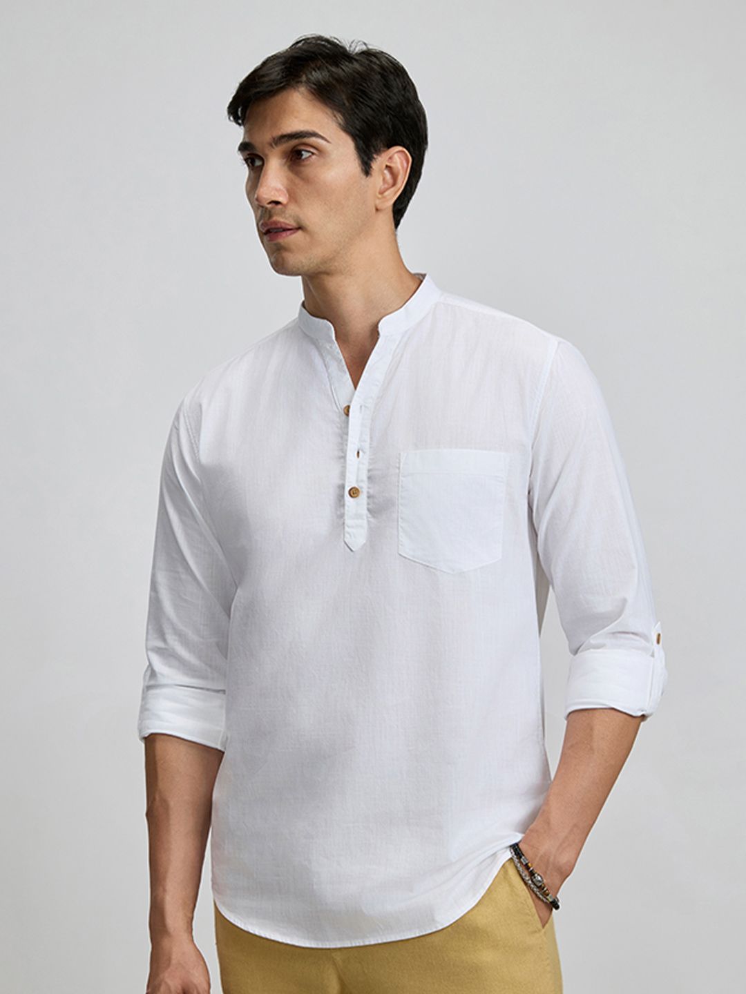 KINGDOM OF WHITE KINGDOM OF WHITE Mandarin Collar Pure Cotton Stay White Short Kurta