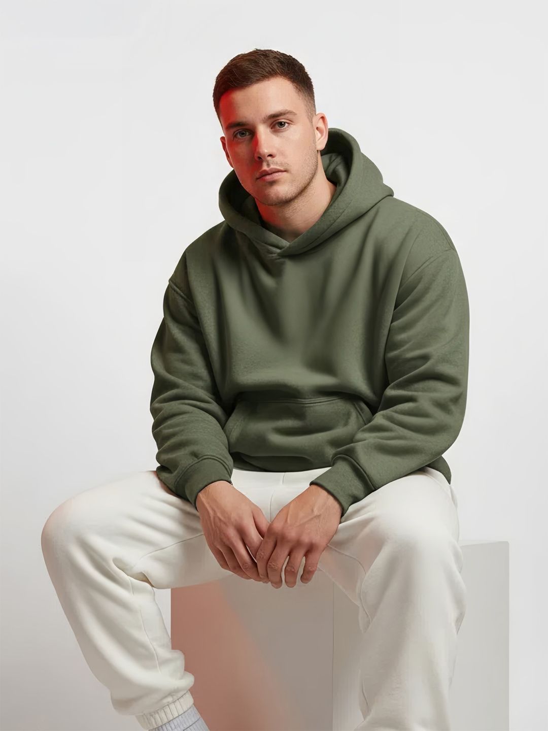 Styli Men Solid Fleece Relaxed Fit  Casual Pullover Hoodie With Kangaroo Pocket