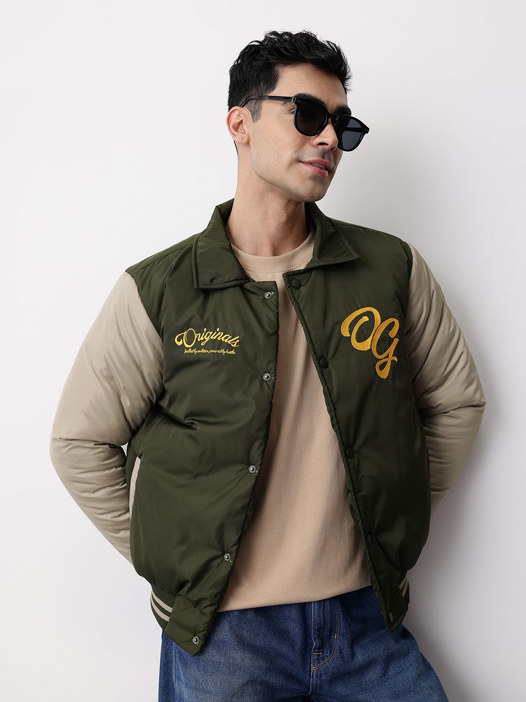 Mast & Harbour Typography Embroidered Bomber Jacket