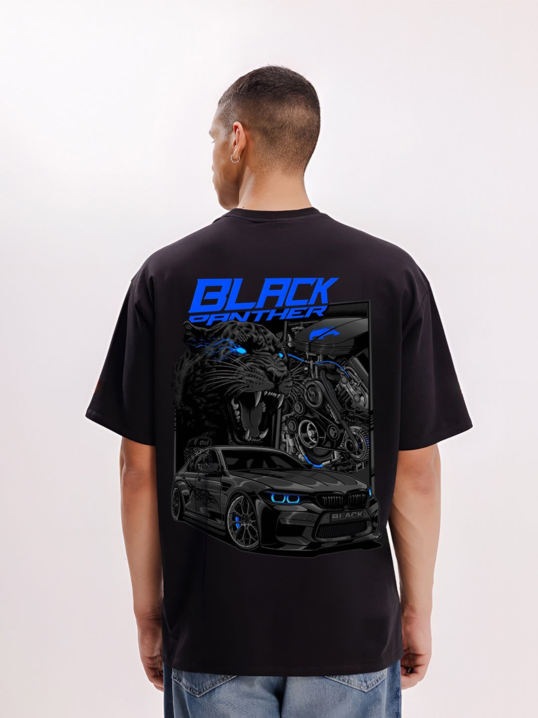 BDSQUARE Men Black Panther Graphic Printed Short Sleeves Round Neck Oversized T-shirt