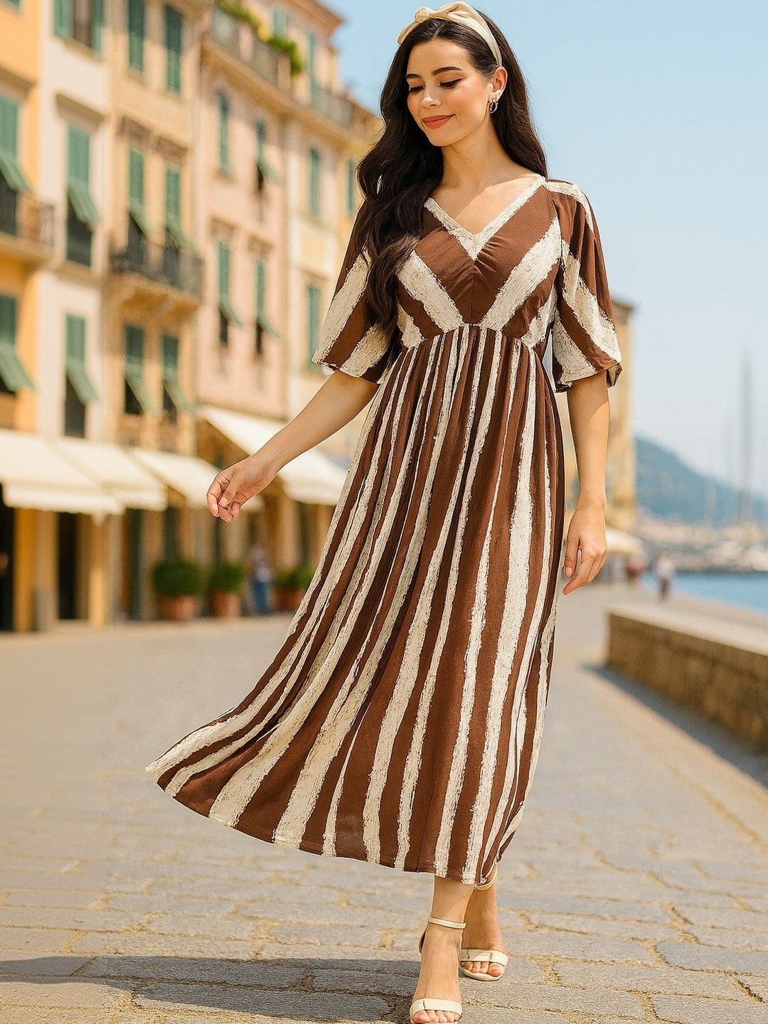 Buy DressBerry Striped Batwing Sleeve Georgette Maxi Midi Dress