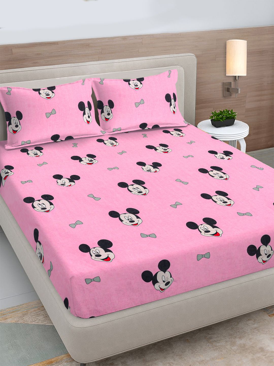FABINALIV Pink Cartoon Print Cotton 300 TC Fitted King Bedsheet with 2 Pillow Covers