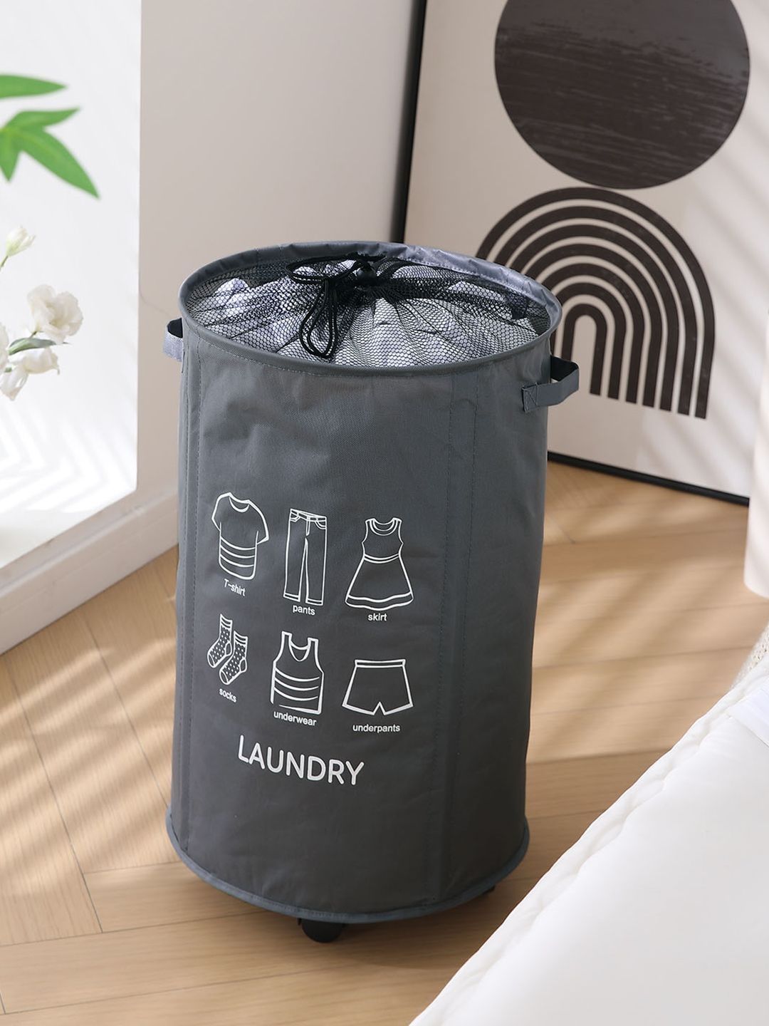 HOKIPO Grey & White Printed Foldable Laundry Bag