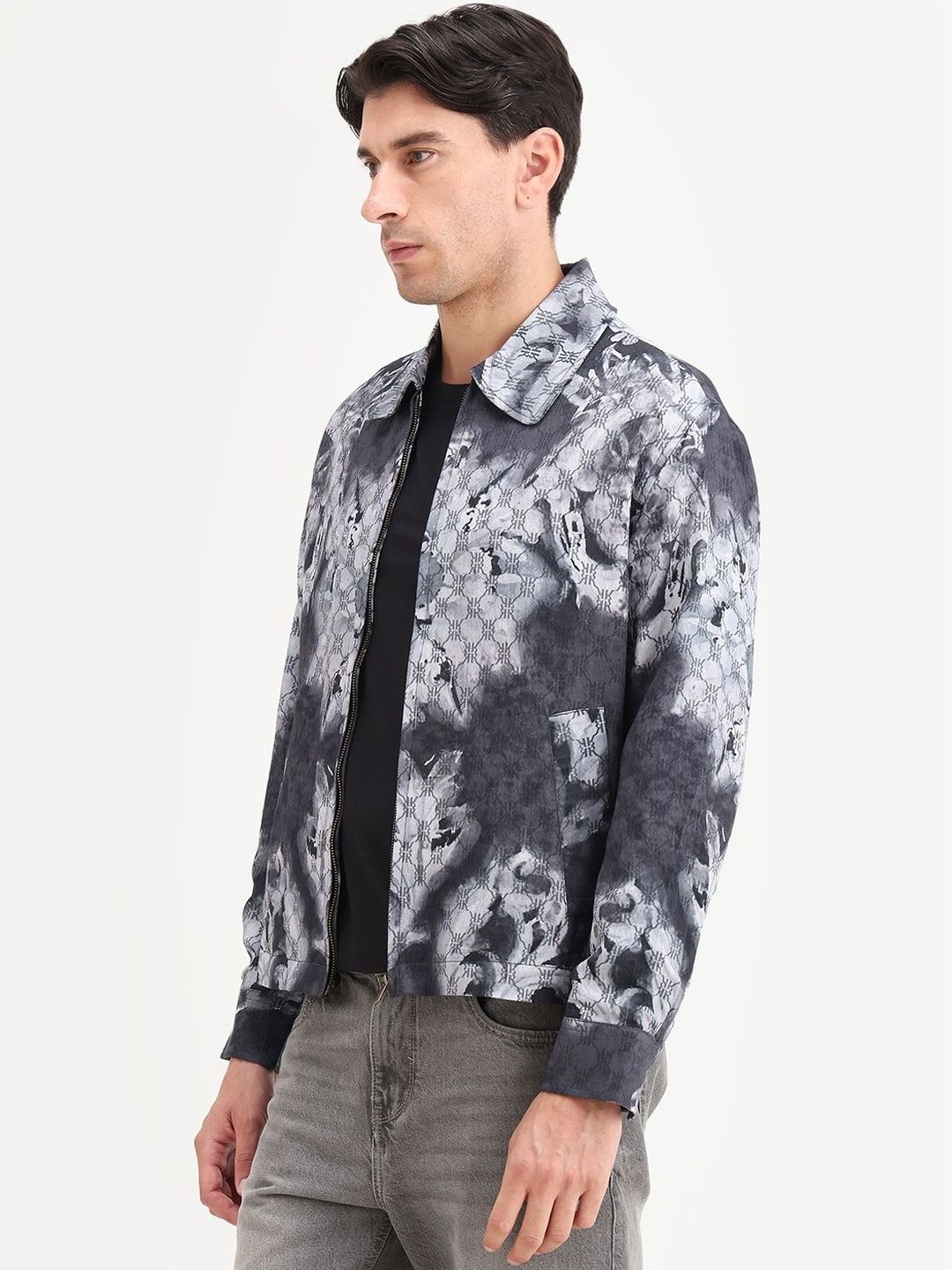 RARE RABBIT Men Twill Abstract Print Zipper Jacket