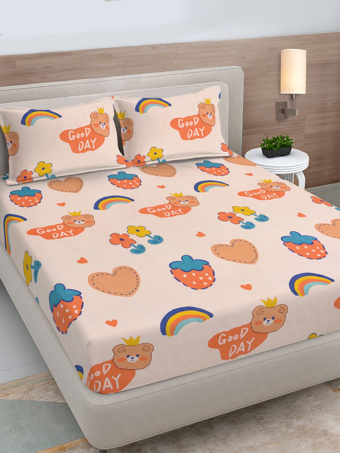FABINALIV FABINALIV Peach Cartoon Print Polycotton 300 TC Fitted King Bedsheet with 2 Pillow Covers
