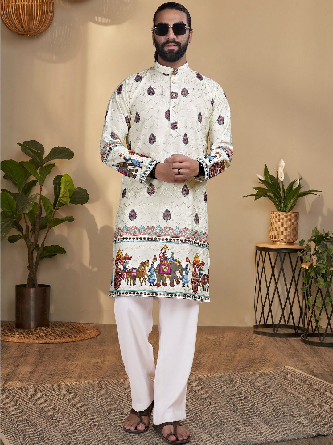 KURTA WALLAH Men Geometric Printed Thread Work Floral Kurta