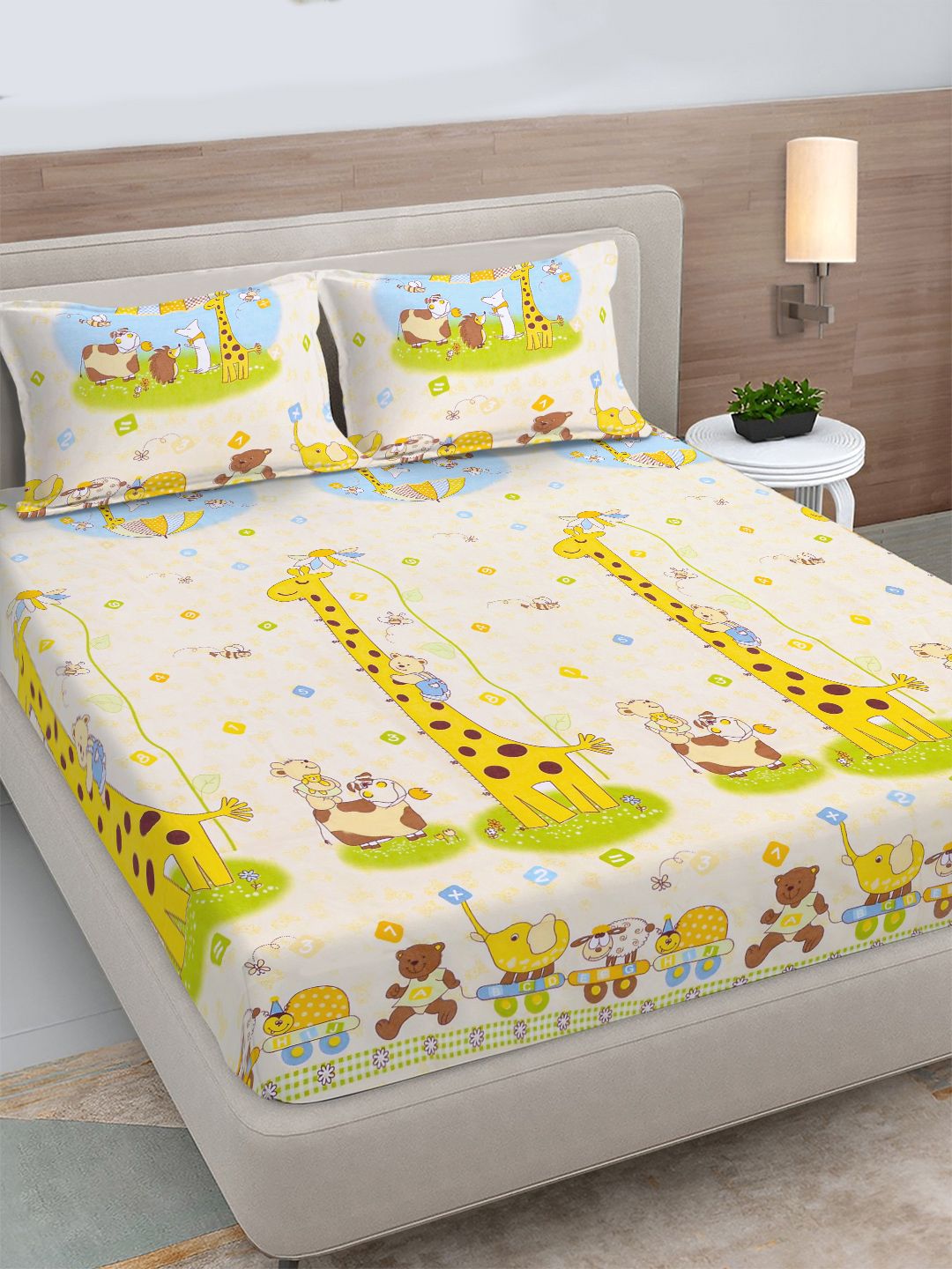 FABINALIV Yellow Cartoon Print Polycotton 300 TC Fitted King Bedsheet with 2 Pillow Covers