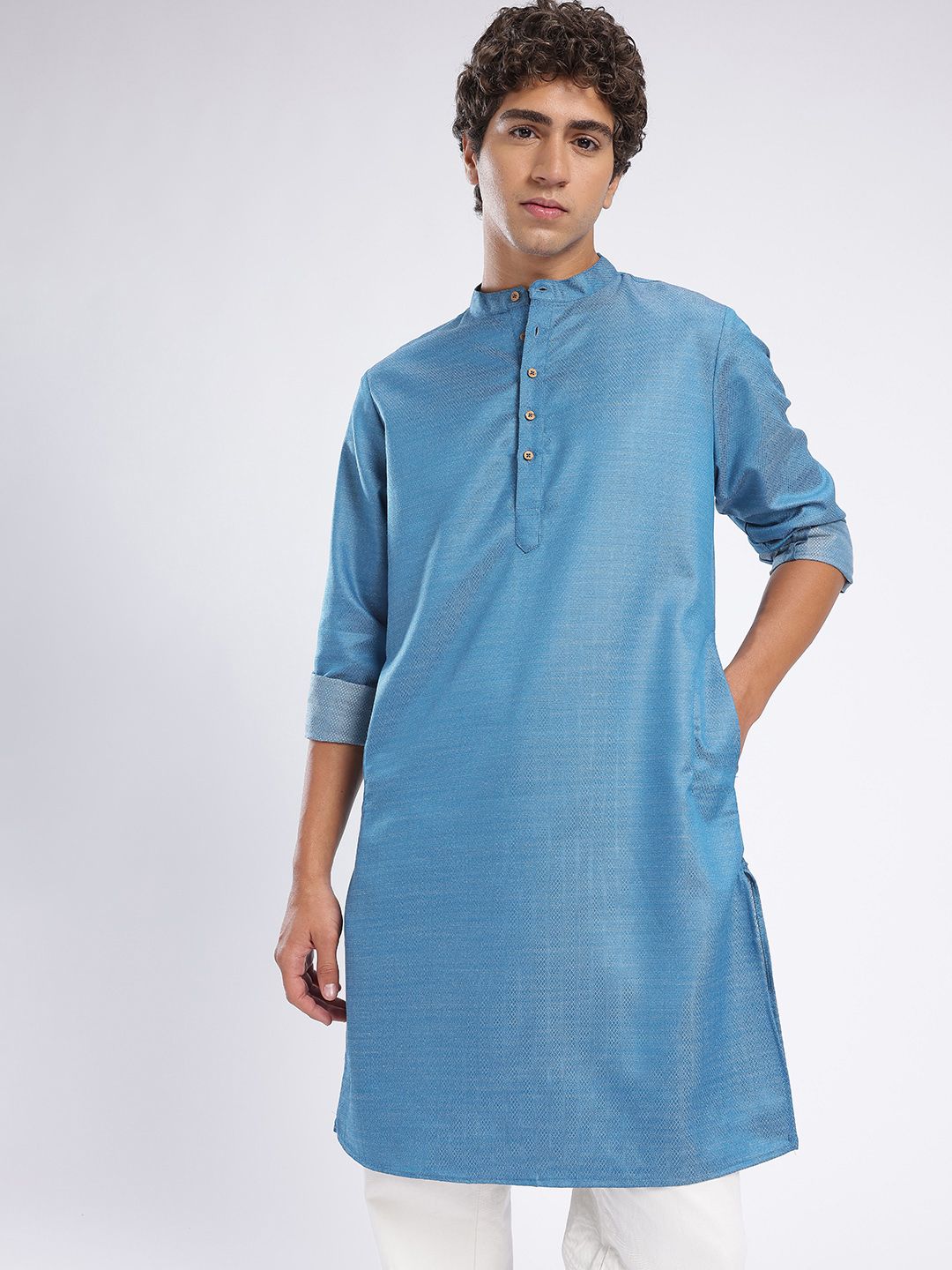 Anouk Rustic Geometric Woven Design Band Collar Straight Kurta
