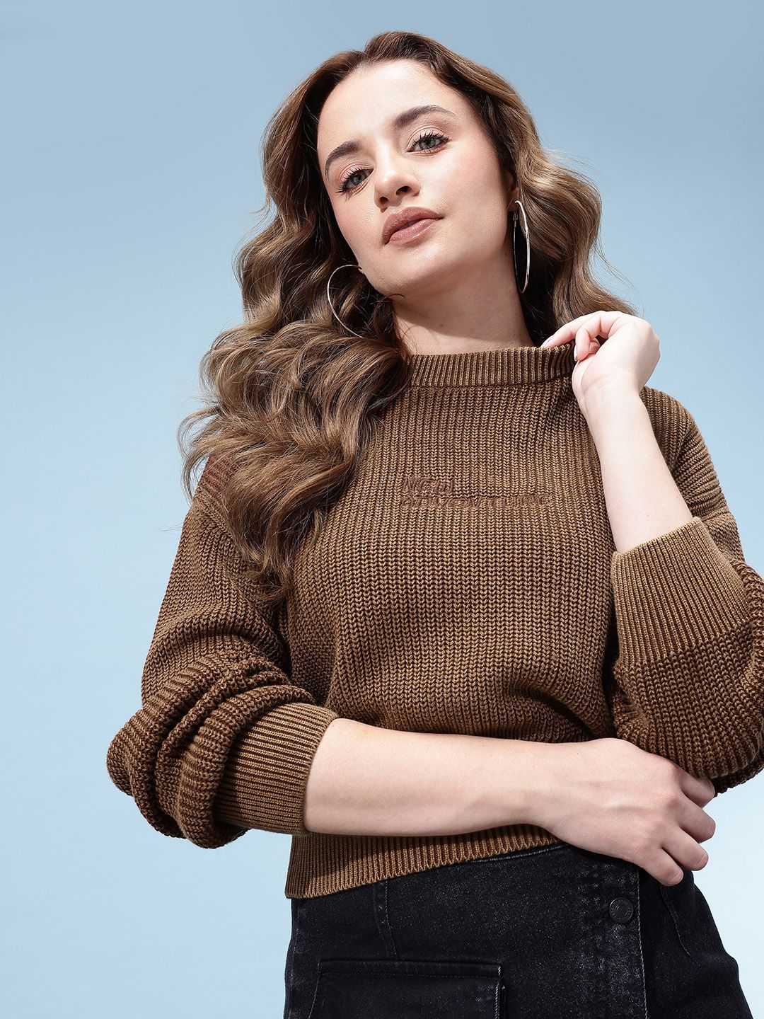 glitchez glitchez Ribbed Typography Drop Shoulder Sleeves Crop Oversized Pure Cotton Pullover