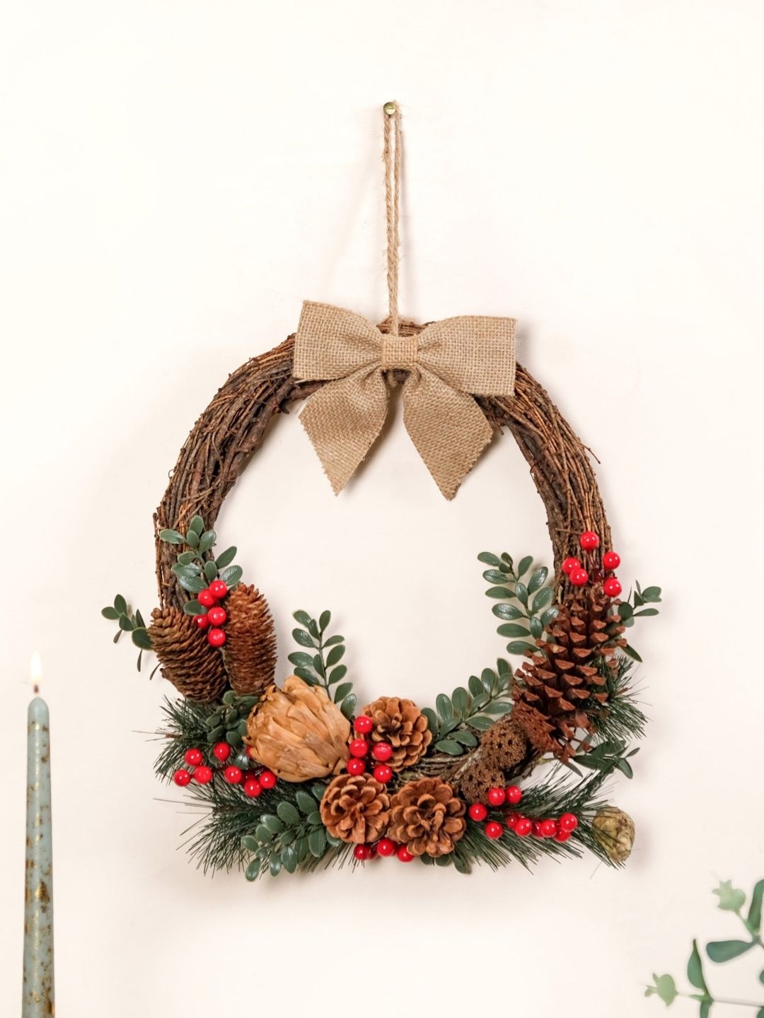Nestasia Brown & Pink Berry Bow Ecofriendly Decorative Festive Wreath