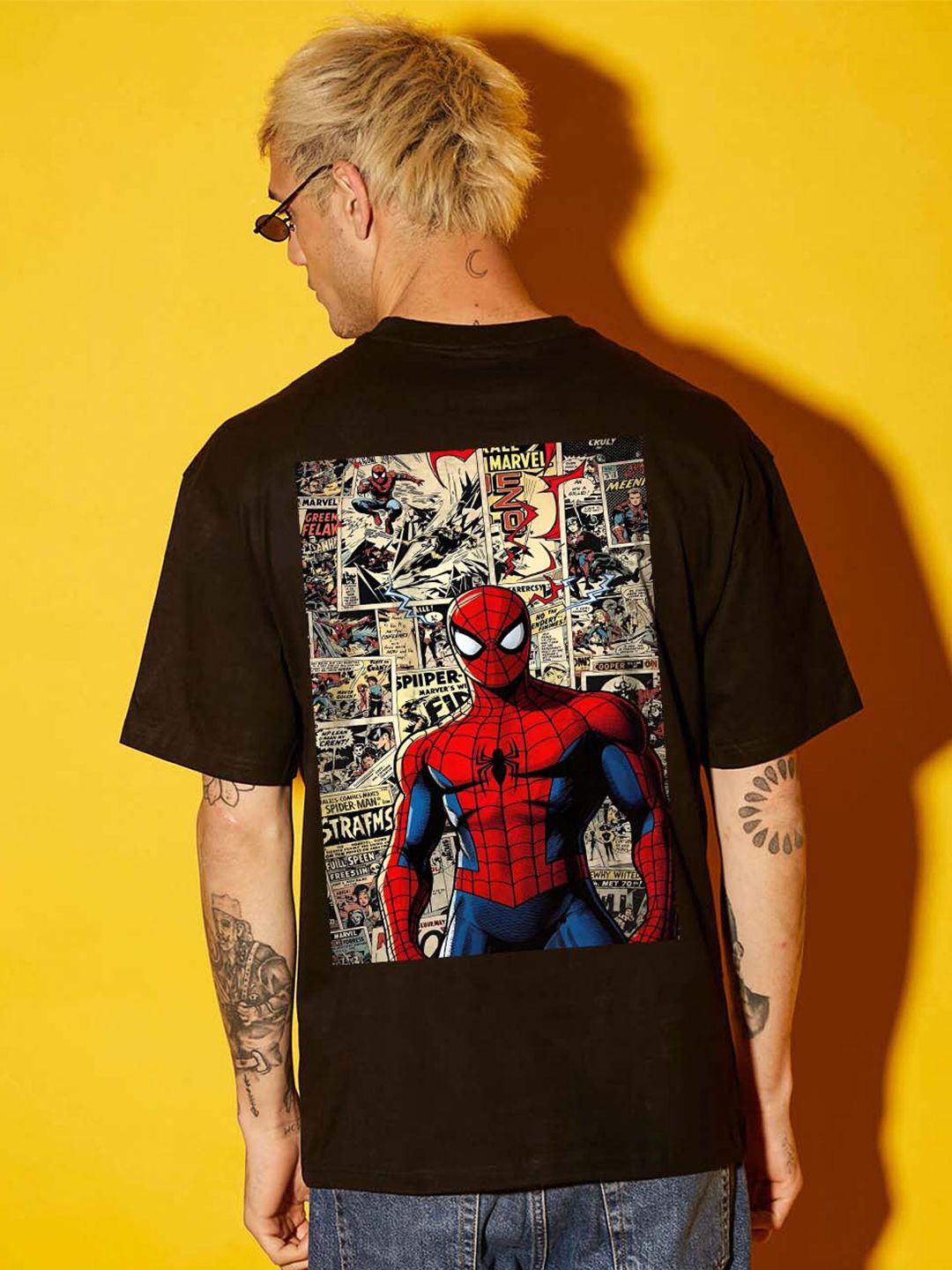 BDSQUARE Men Spider-Man Graphic Printed Round Neck Cotton Relaxed Fit T-shirt