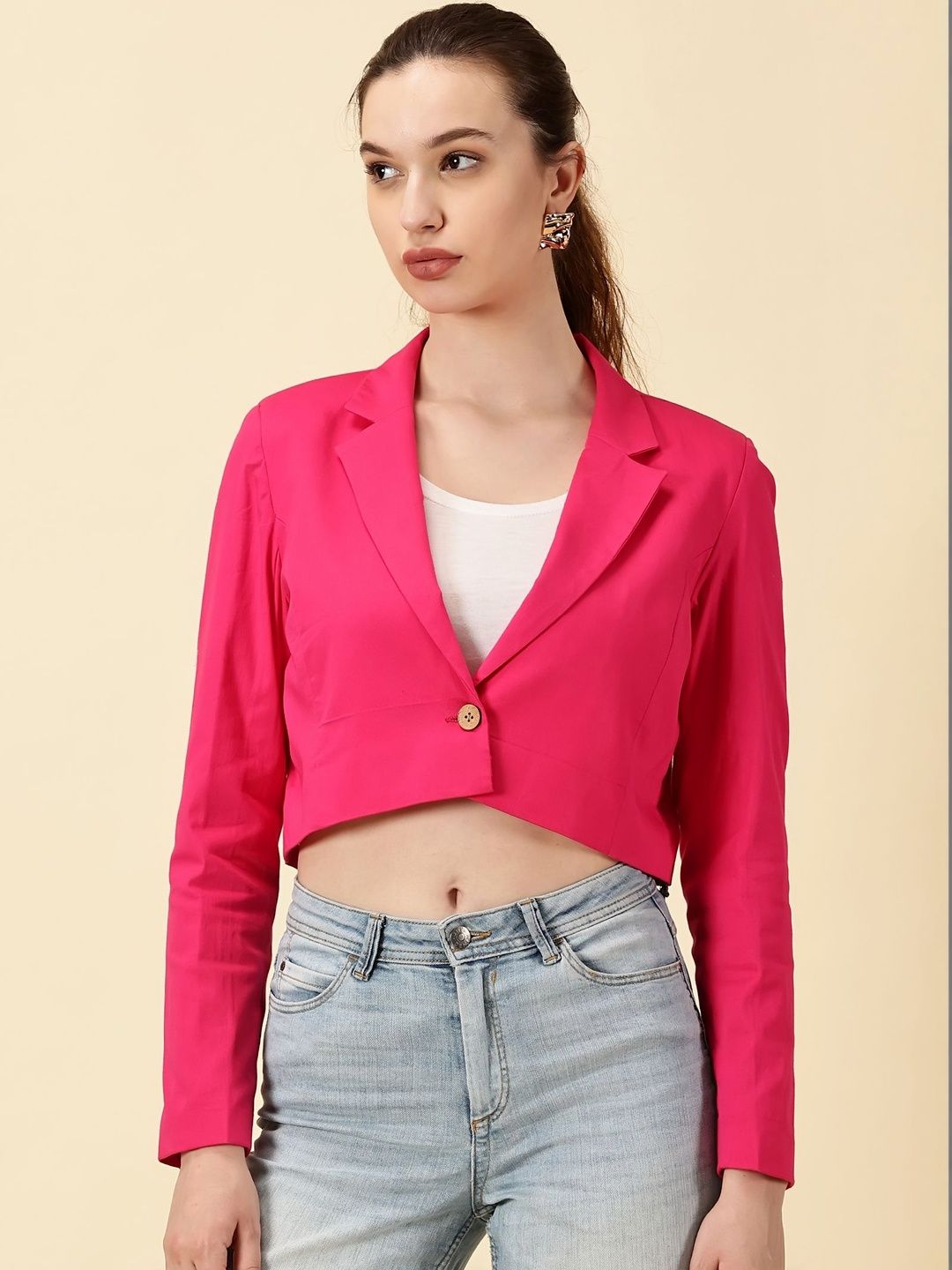 Indyvarna Cotton Notched Lapel Collar Neck Single Breasted Crop Blazer