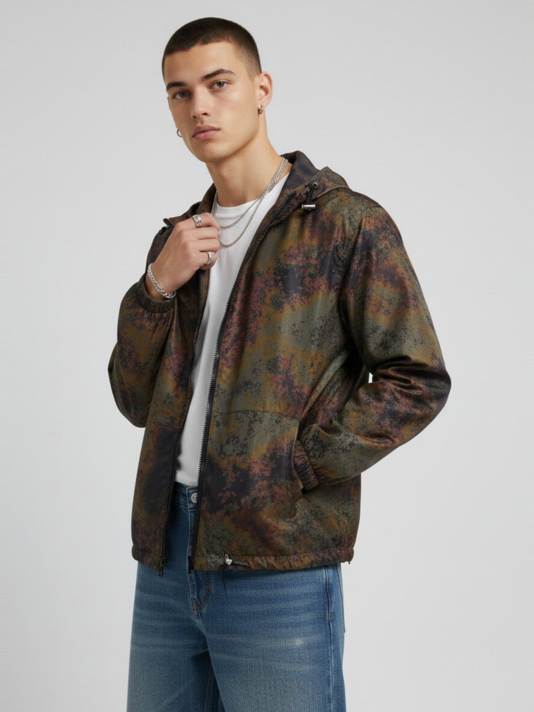 glitchez Hooded Camouflage Print Relaxed Tailored Jacket
