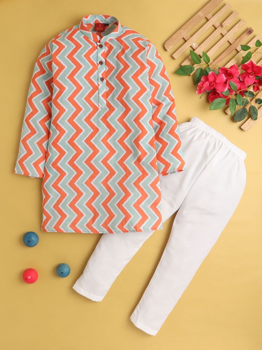 Sangria Boys Printed Mandarin Collar Straight Kurta & Pyjamas Set
