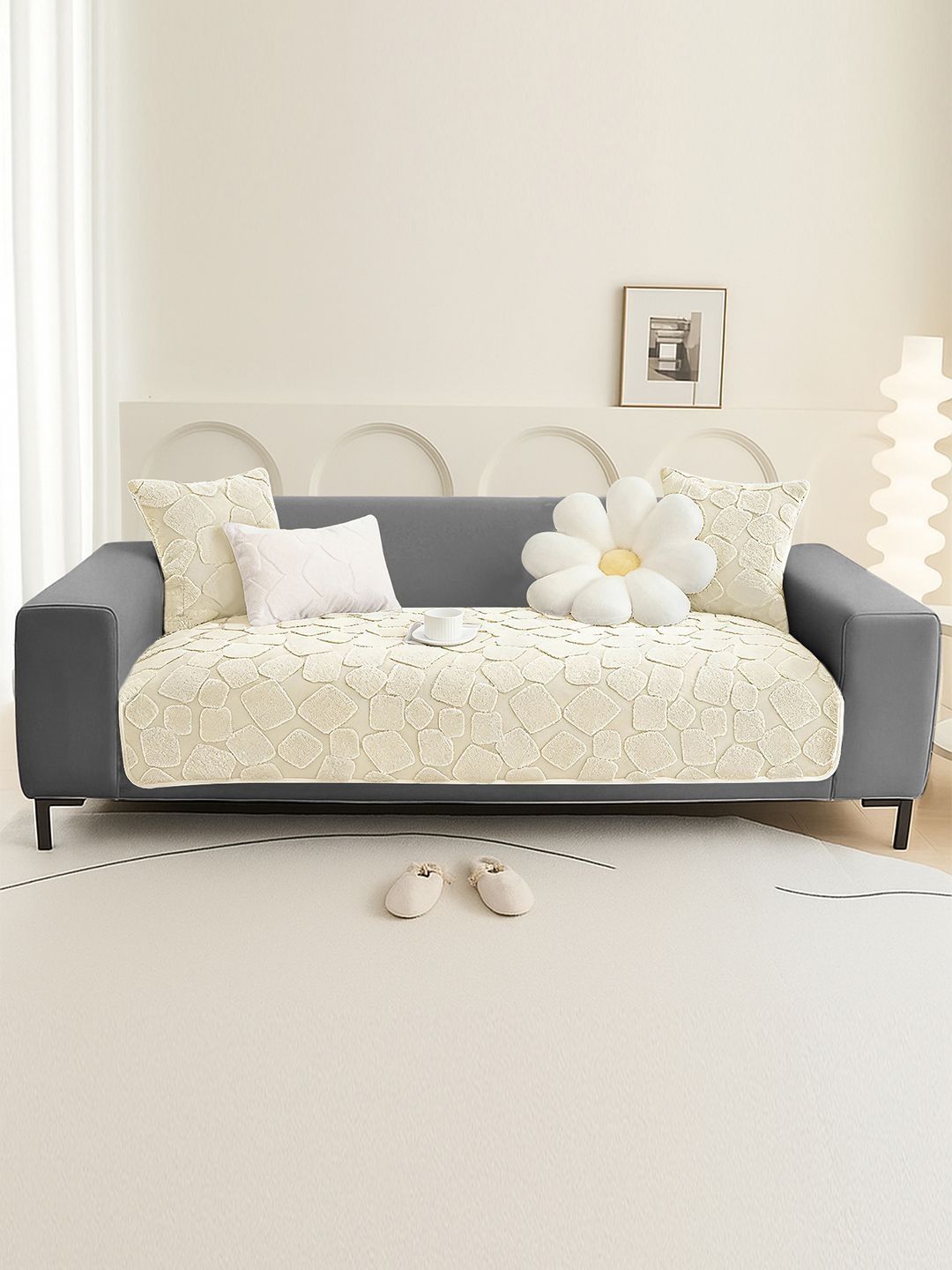 DREAM CARE Cream-Coloured & Cream-Coloured 1 Piece Sofa Cover