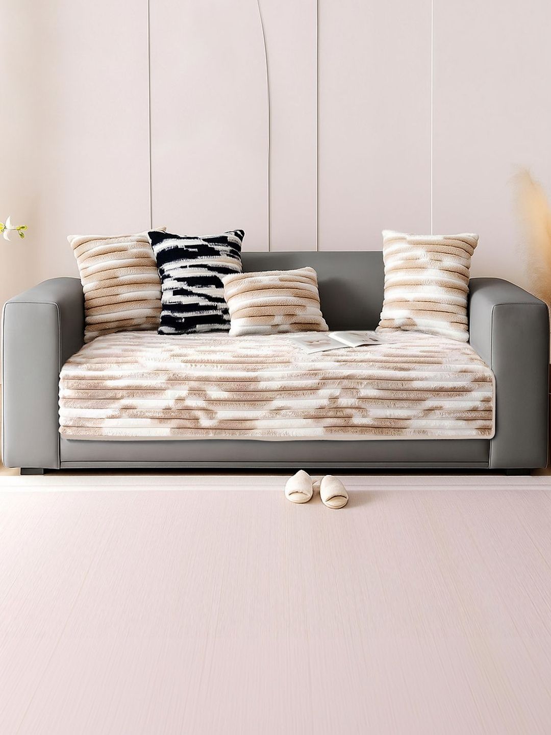 DREAM CARE Grey & Multicoloured Striped 1 Piece Sofa Cover