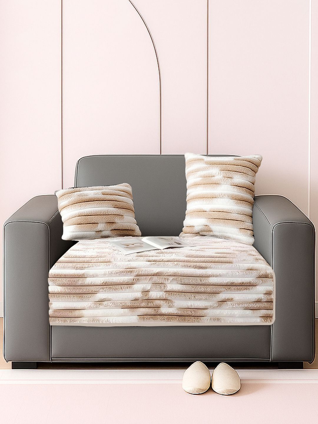 DREAM CARE Beige & Beige Striped 1 Piece Sofa Cover