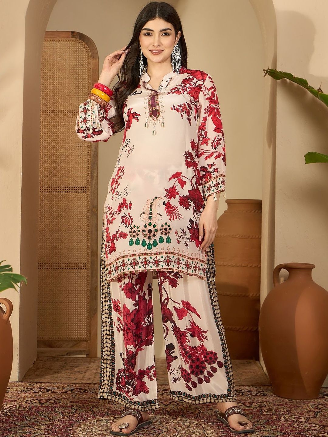 Sangria Printed Mandarin Collar Tunic & Trousers Co-Ords Set