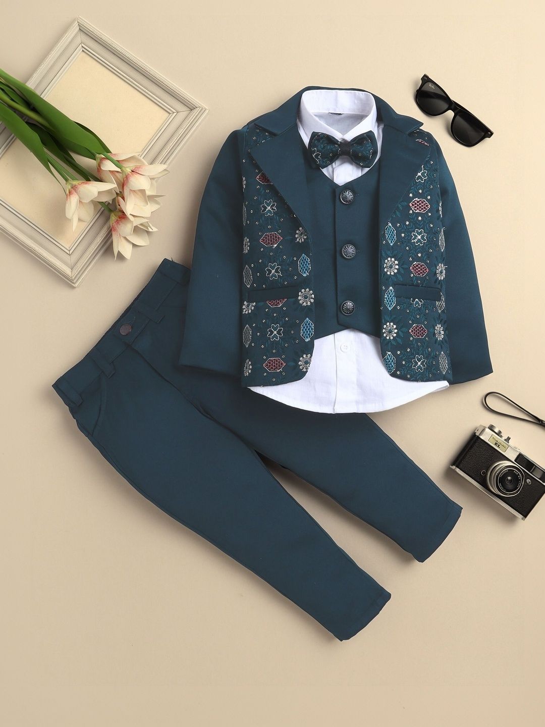 Sangria Boys Sequined Embroidered 3 Piece Suit Set With Bow