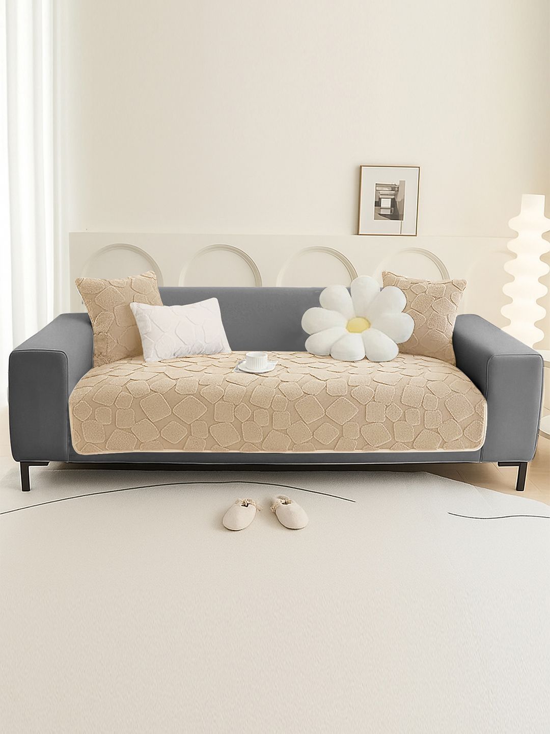DREAM CARE Beige & Beige 1 Piece Sofa Cover