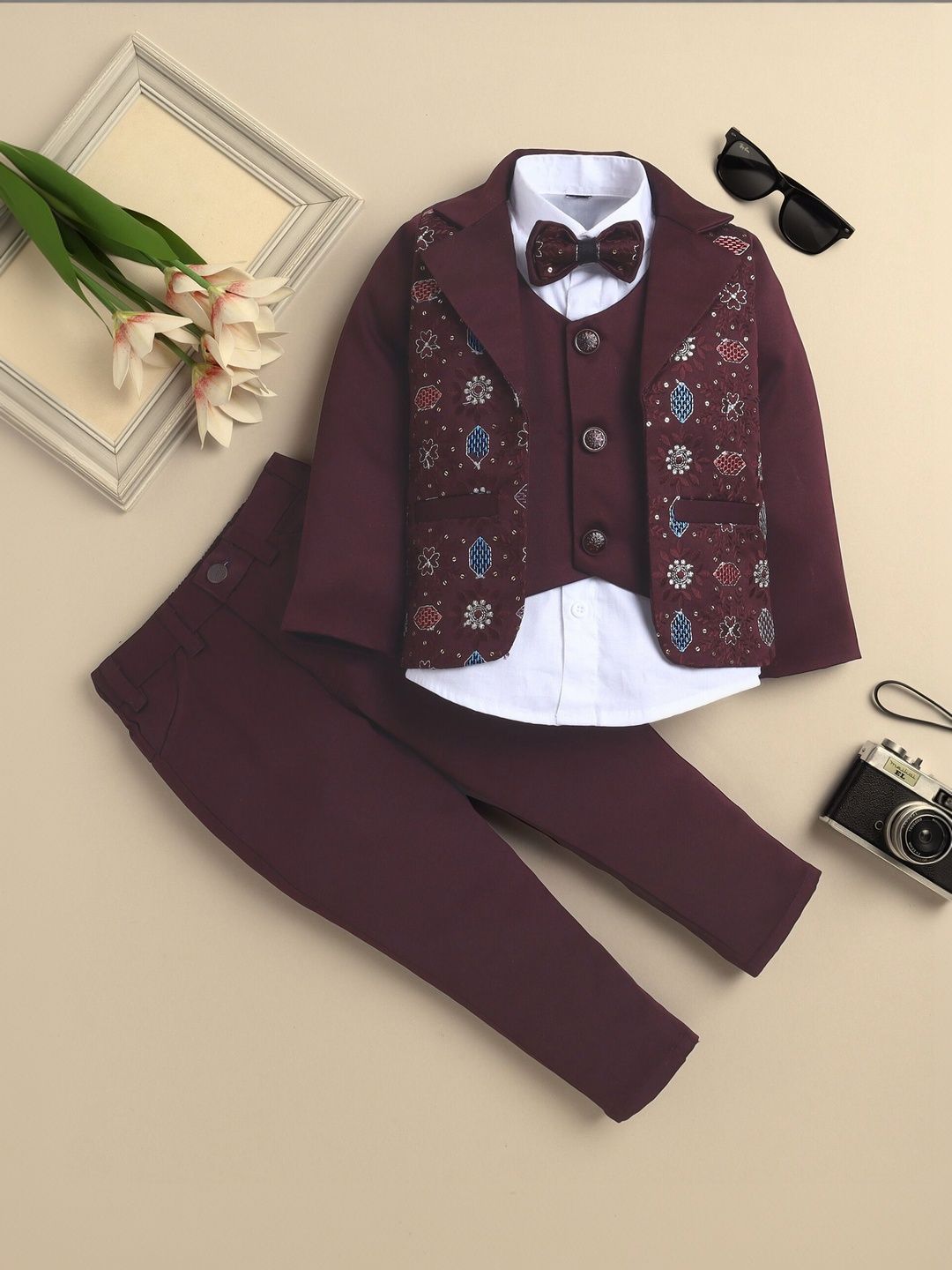 Sangria Boys Sequined Embroidered 3 Piece Suit Set With Bow