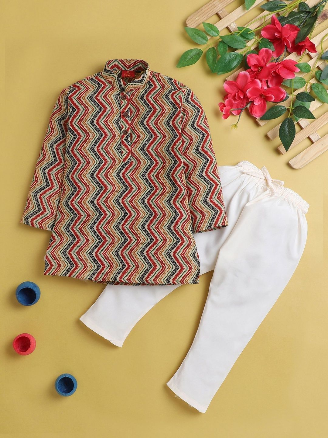 Sangria Boys Printed Mandarin Collar Straight Kurta & Pyjamas Set
