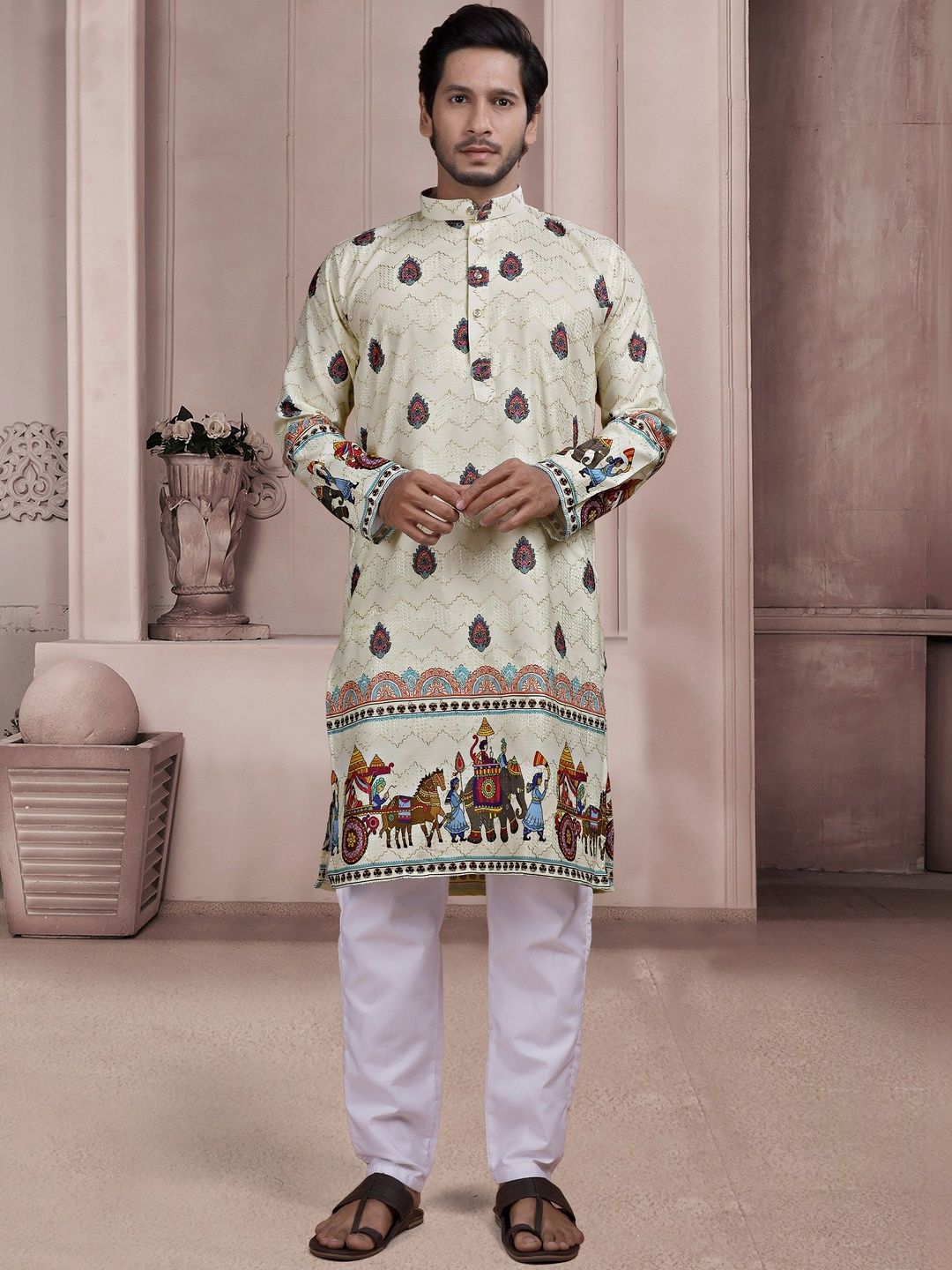 KURTA WALLAH Men Geometric Printed Thread Work Floral Kurta