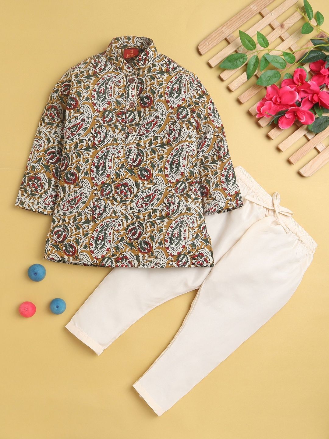 Sangria Boys Printed Mandarin Collar Straight Kurta & Pyjamas Set