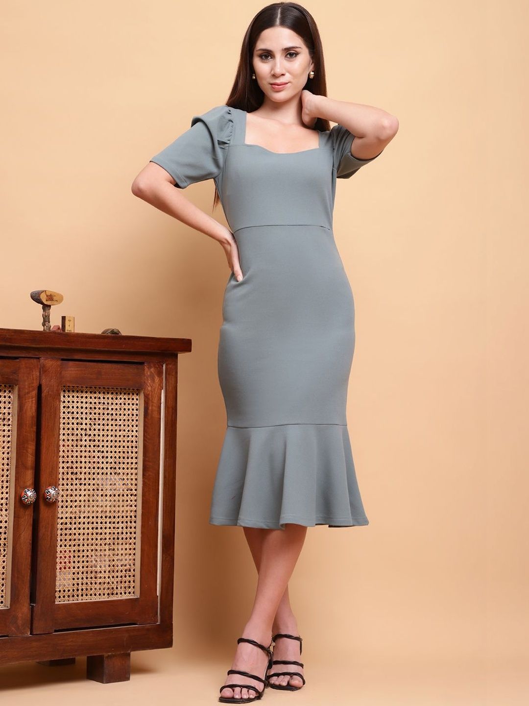 CORSICA Puff Sleeve Sheath Midi Dress