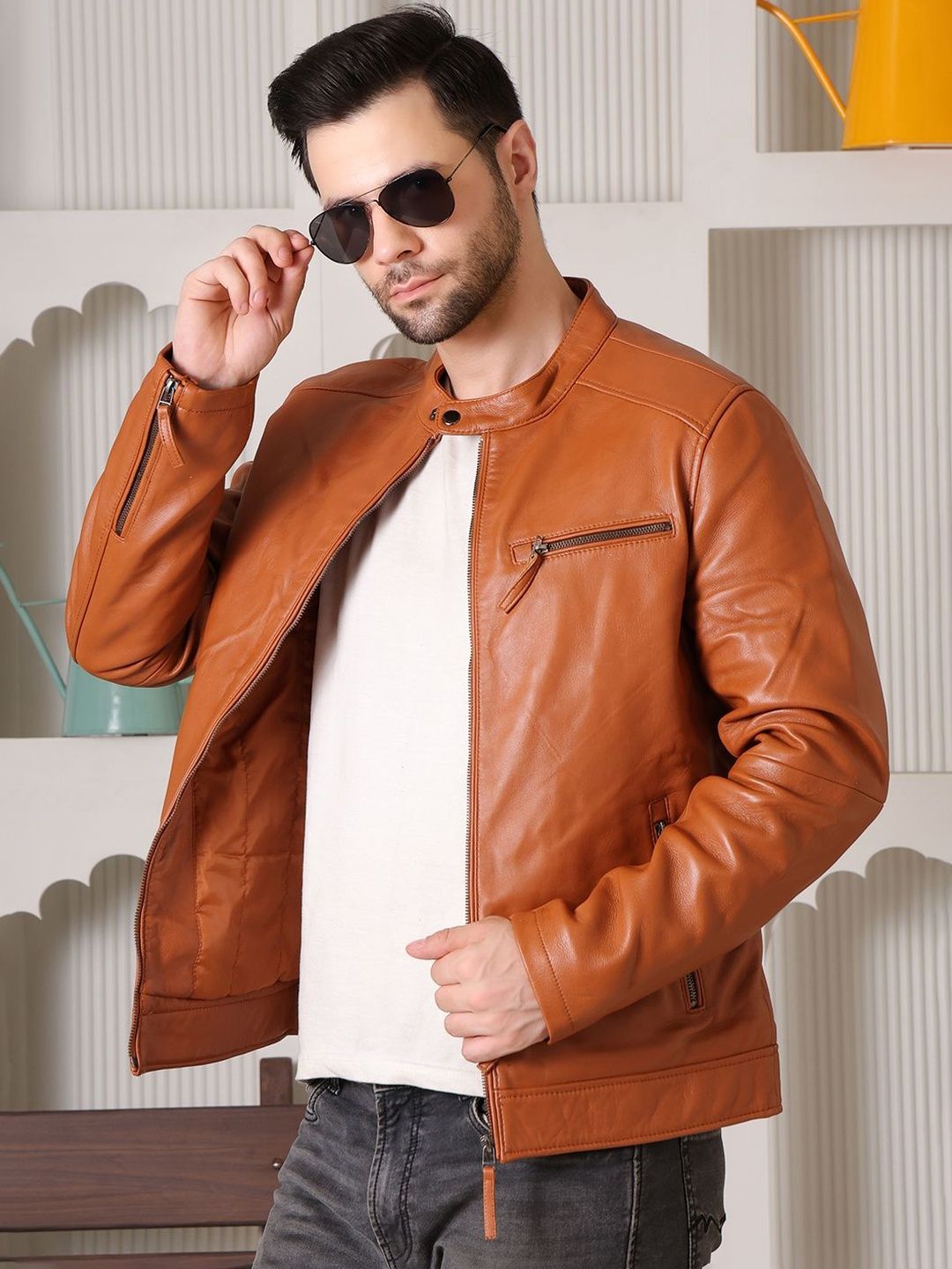 COOL EQUAL Men Leather Water Resistant Biker Jacket