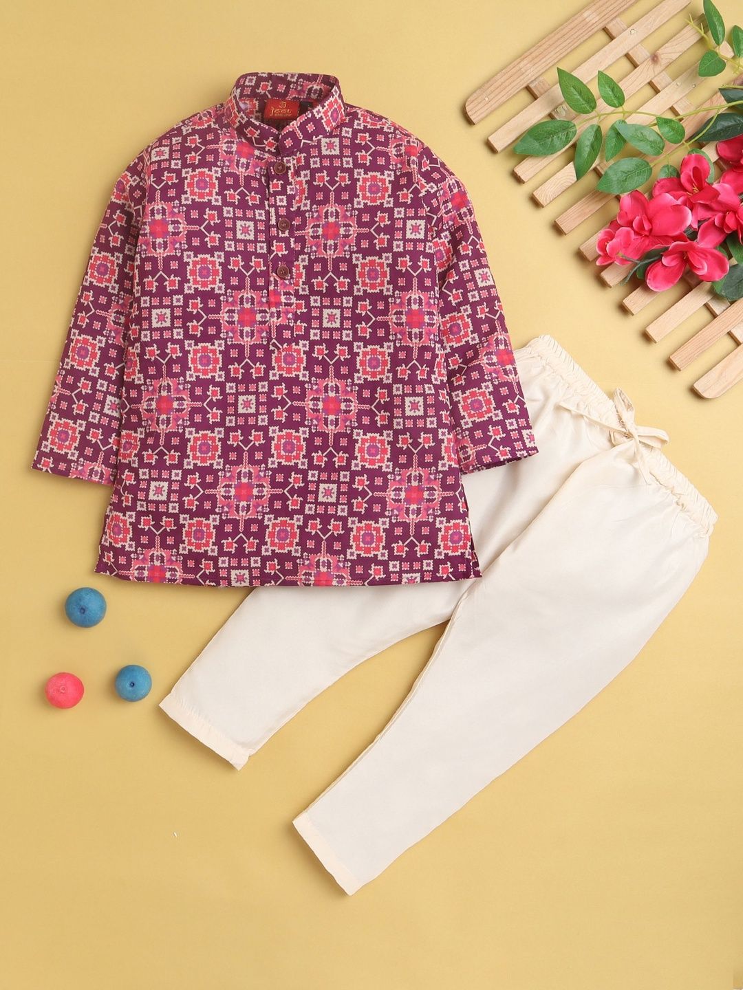 Sangria Boys Printed Mandarin Collar Straight Kurta & Pyjamas Set