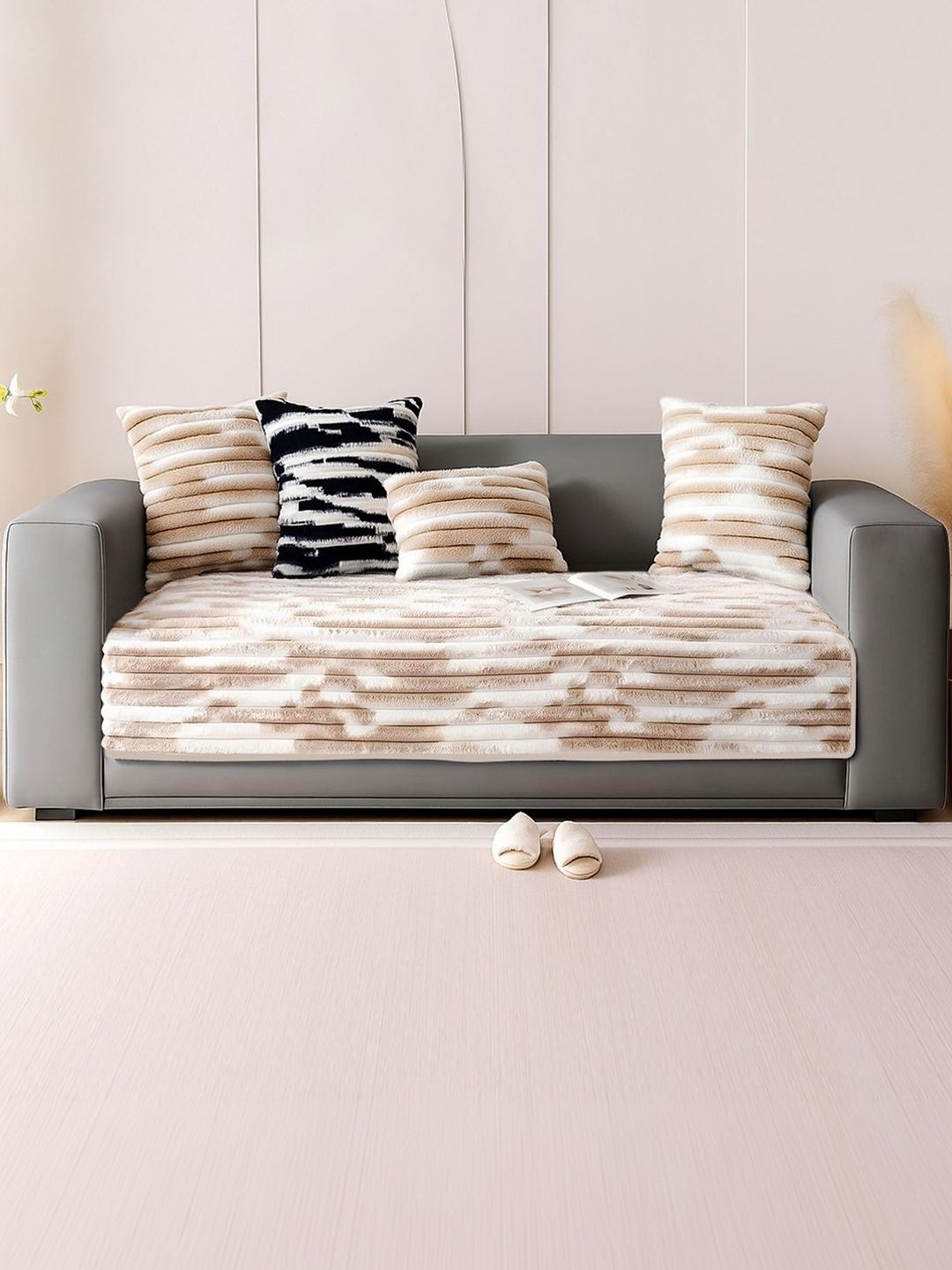 DREAM CARE Beige & Beige Printed 1 Piece Sofa Cover