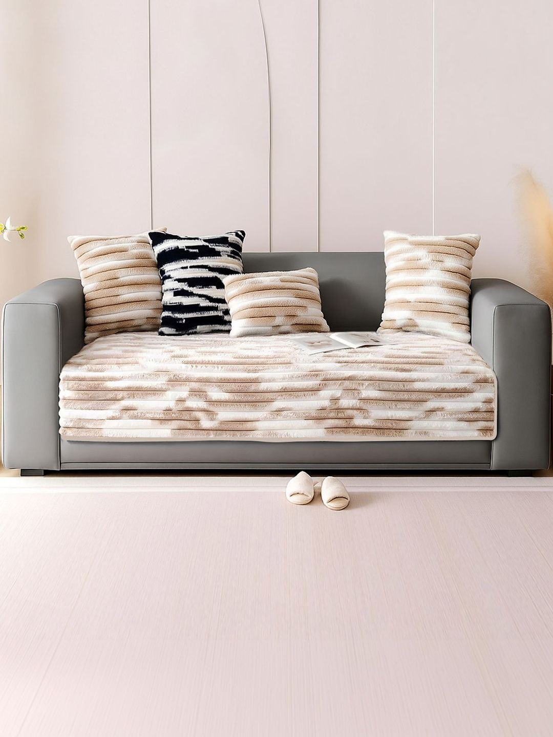 DREAM CARE Beige & White Printed 1 Piece Sofa Cover