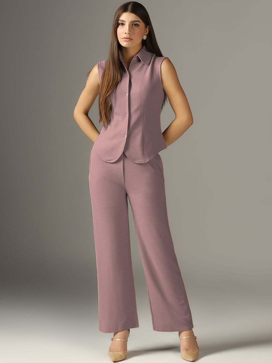 Selvia Edge Selvia Mauve Shirt Collar Top & Trousers Co-Ords