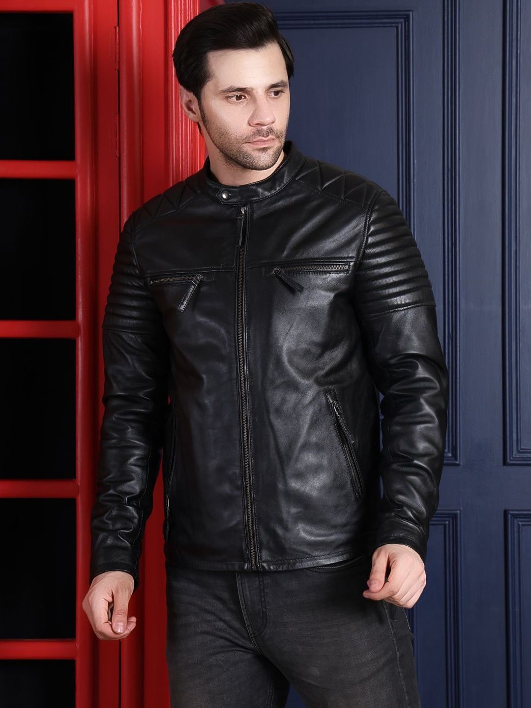 COOL EQUAL Men Leather Biker Jacket