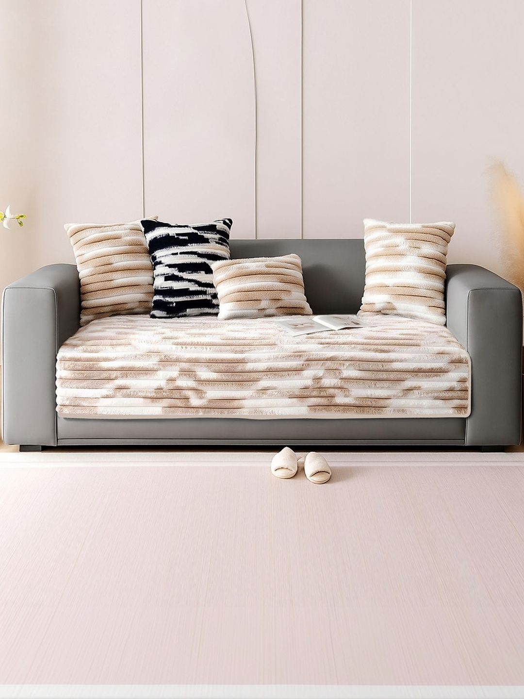 DREAM CARE Grey & Beige Printed 1 Piece Sofa Cover