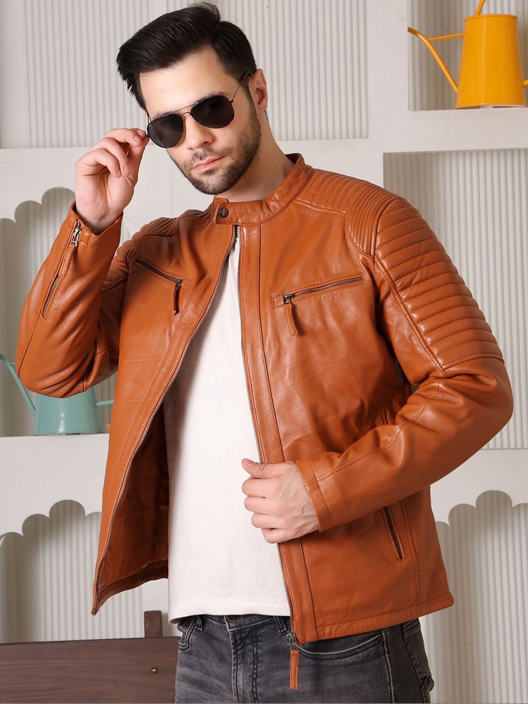 COOL EQUAL Men Leather Water Resistant e-Dry Technology Biker Jacket