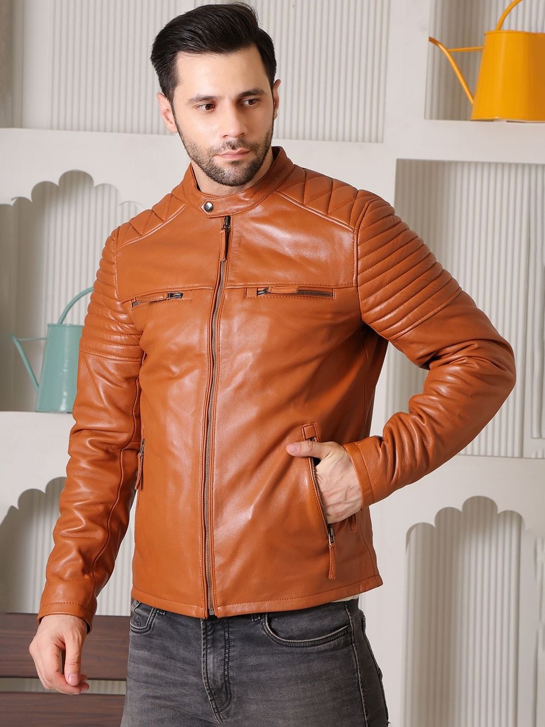 COOL EQUAL Men Leather Water Resistant e-Dry Technology Biker Jacket