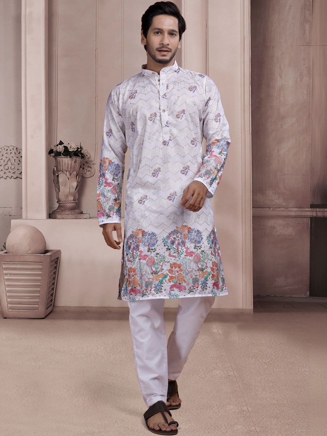 KURTA WALLAH Men Geometric Printed Thread Work Floral Kurta