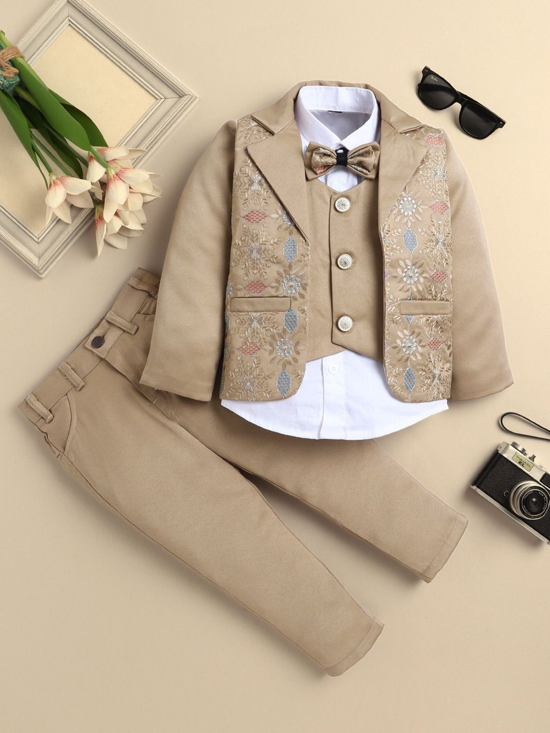 Sangria Boys Sequined Embroidered 3 Piece Suit Set With Bow
