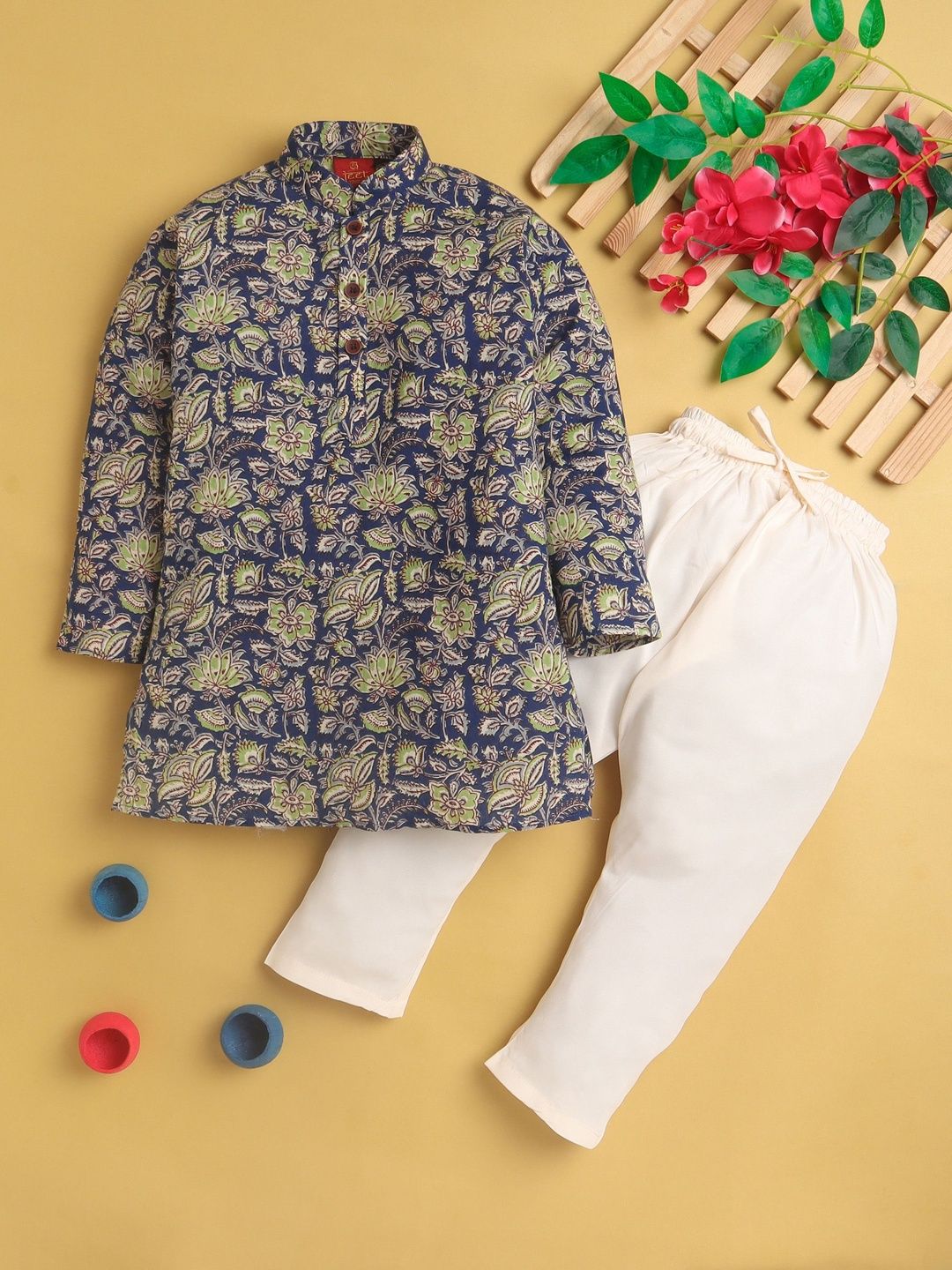 Sangria Boys Printed Mandarin Collar Straight Kurta & Pyjamas Set