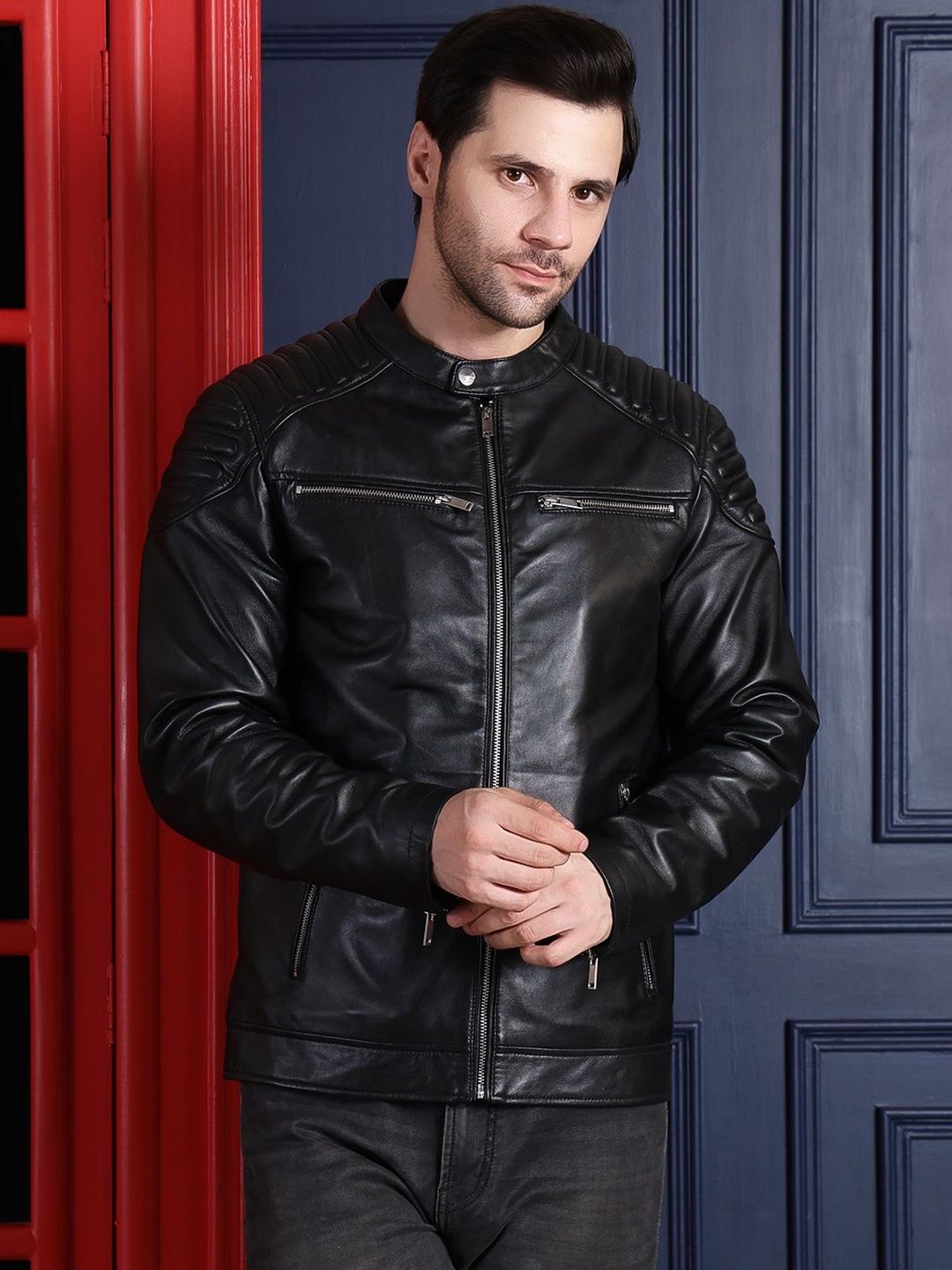 COOL EQUAL Men Leather Water Resistant e-Dry Technology Biker Jacket