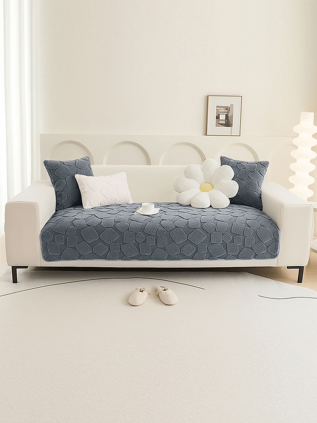 DREAM CARE Grey & Navy Blue 1 Piece Sofa Cover