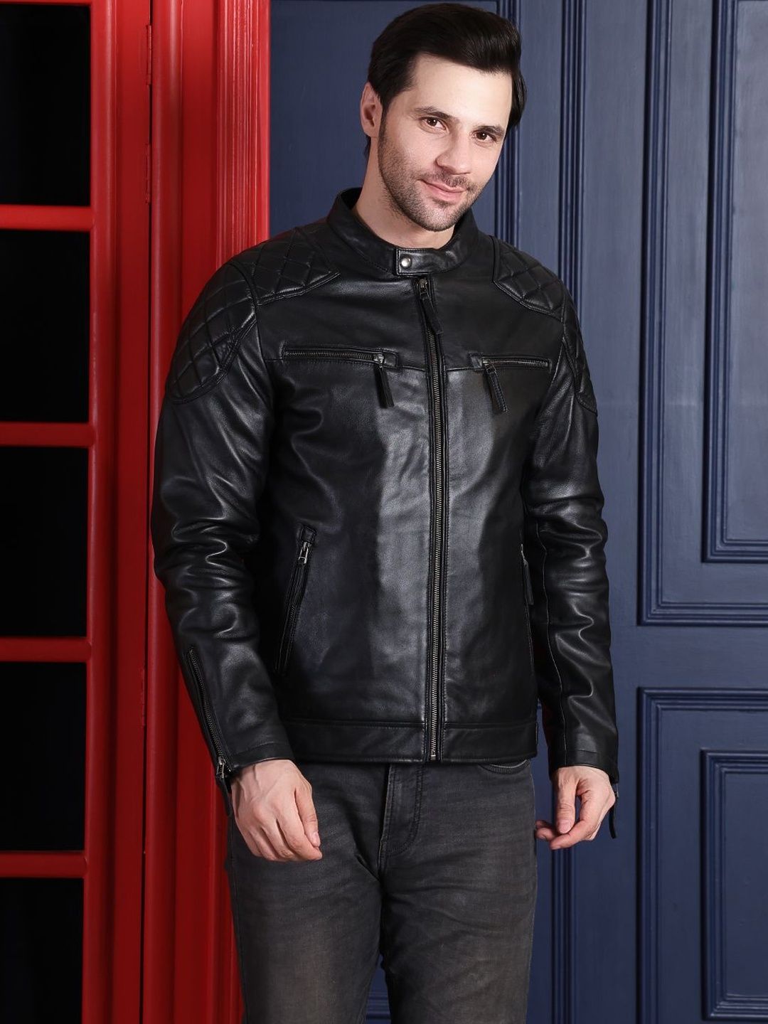 COOL EQUAL Men Leather Water Resistant Biker Jacket with Patchwork